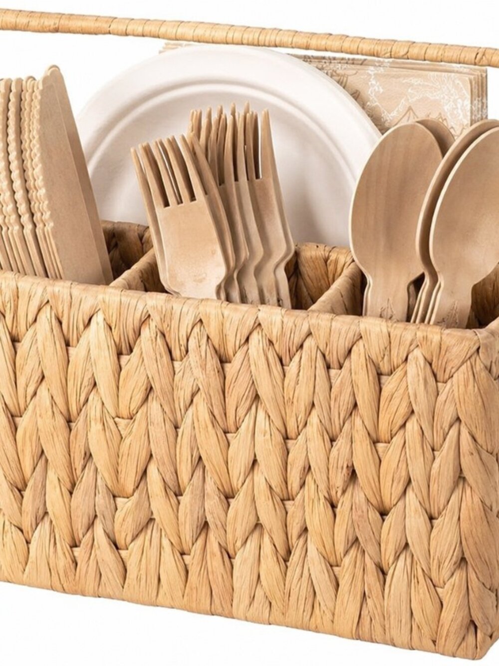 Hand-Woven Wicker Silverware Organizer Water Hyacinth Cutlery Holder Countertop